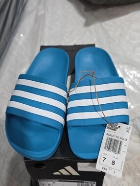 adidas Blue Slide Sandals with White Stripes